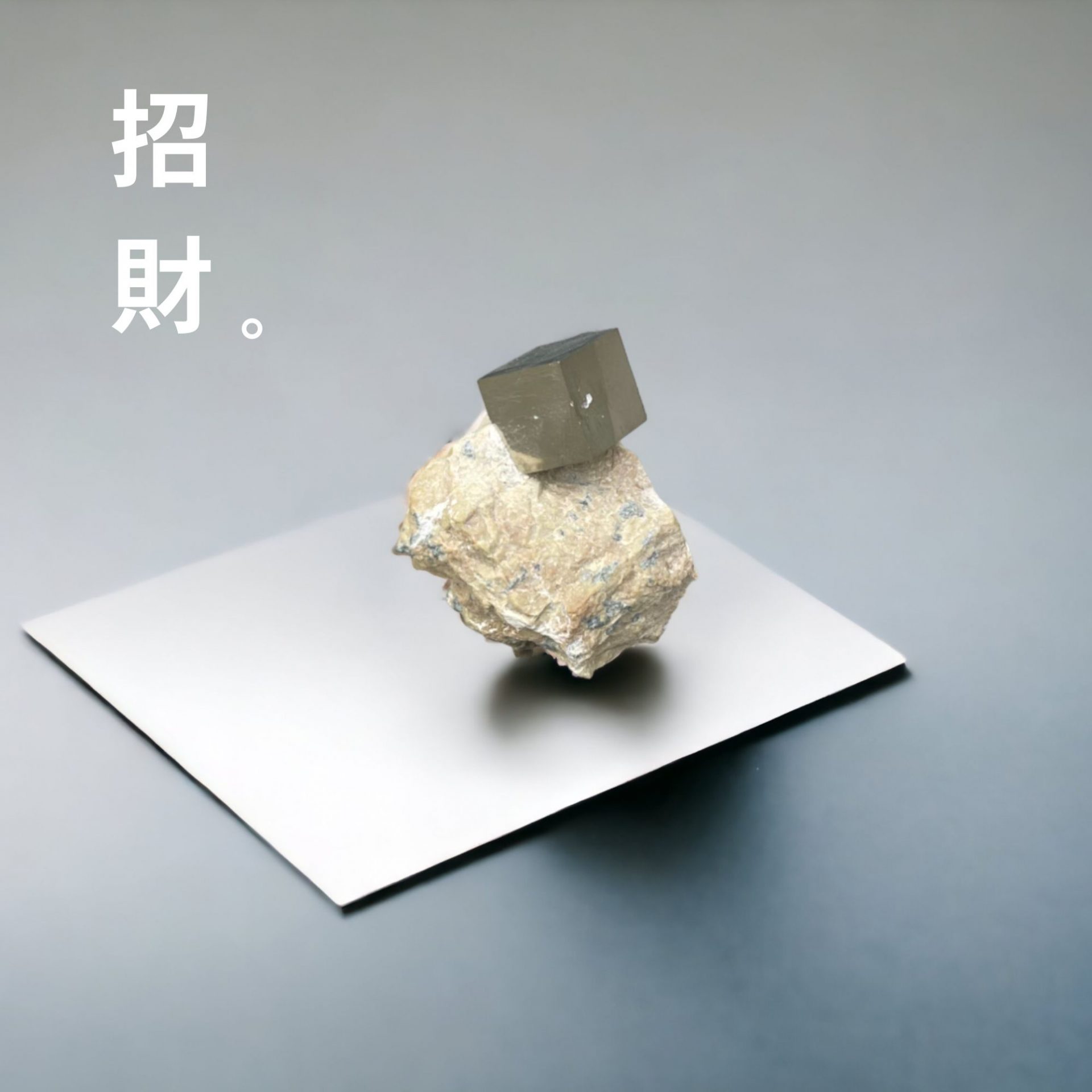 白色底板上一顆帶母岩的黃鐵礦,旁邊寫著「招財。」