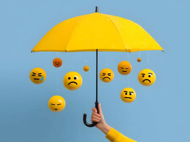 黃色雨傘下掛著各種表情的情緒小臉